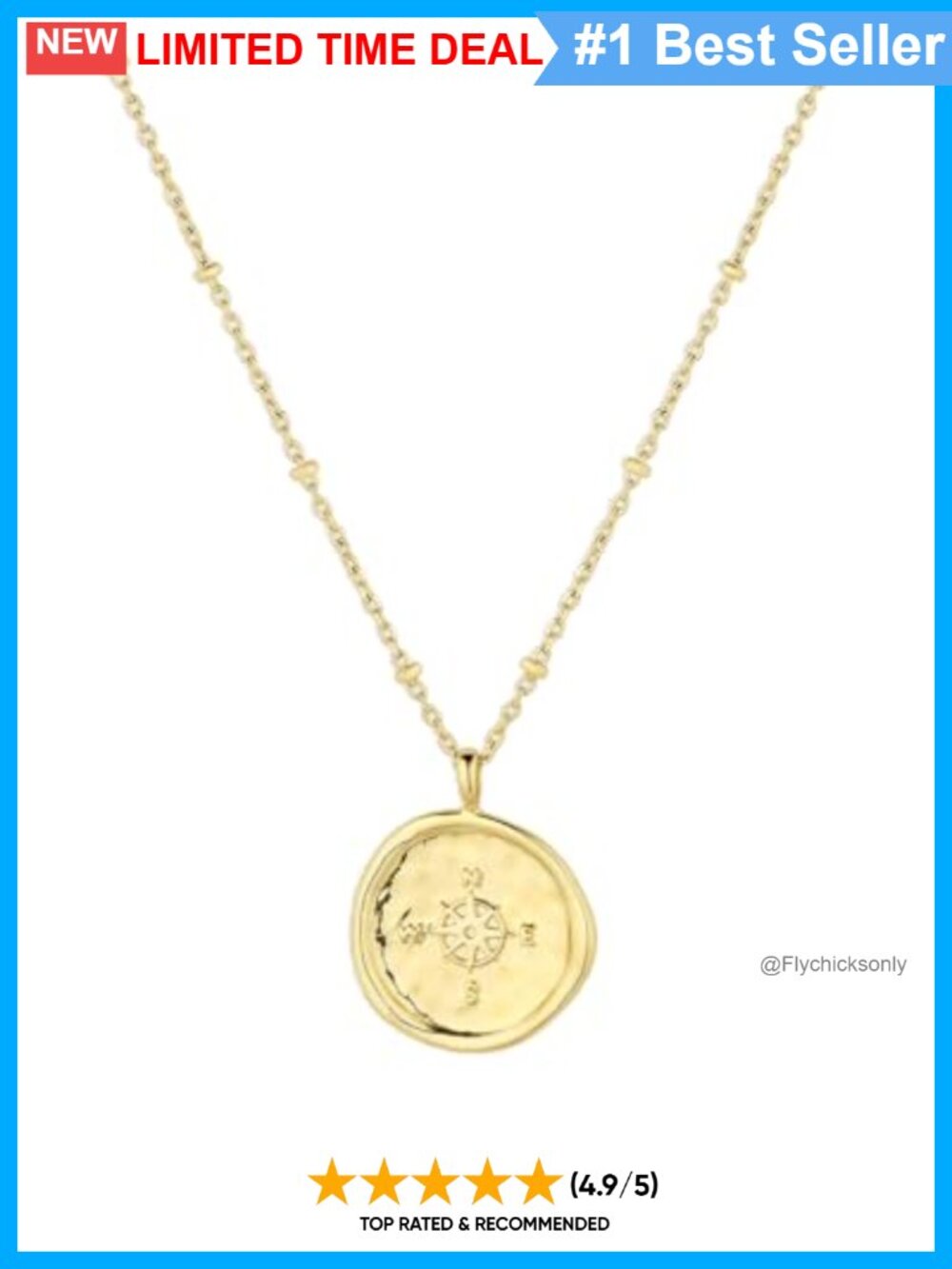 Compass Coin Pendant Necklace 18k Gold Plated Adjustable Chain